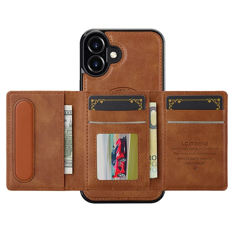 LC.IMEEKE L5 For iPhone 16 Plus Magnetic Phone Case Leather Back Cover with Detachable Card Holder - Brown