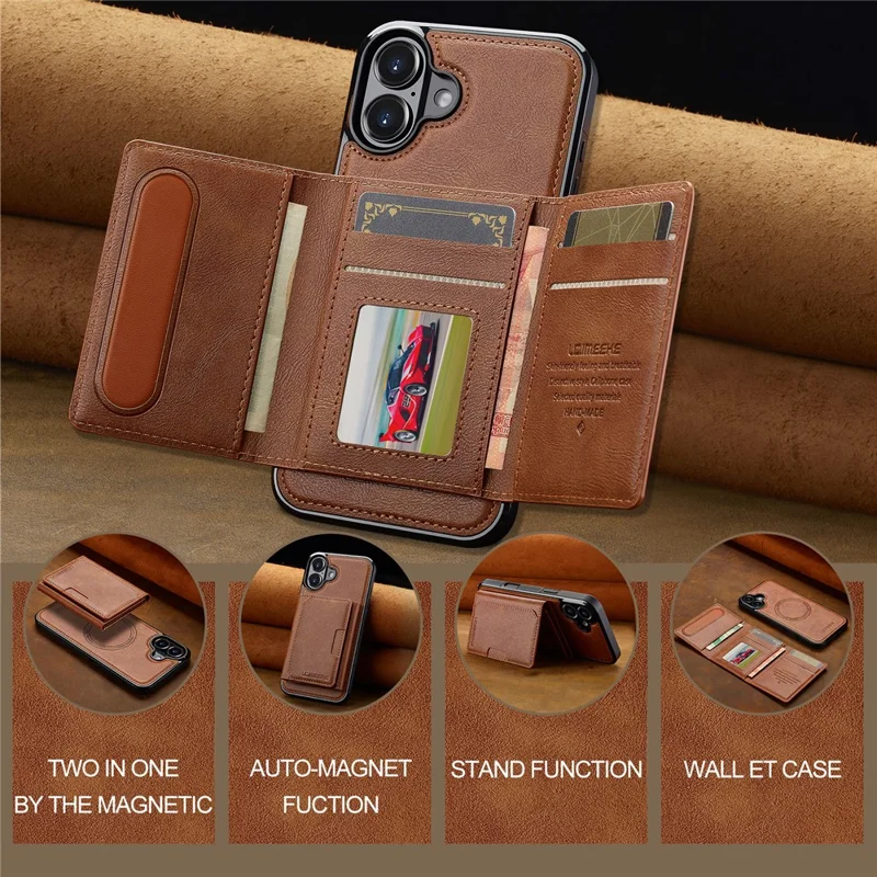 LC.IMEEKE L5 For iPhone 16 Plus Magnetic Phone Case Leather Back Cover with Detachable Card Holder - Brown