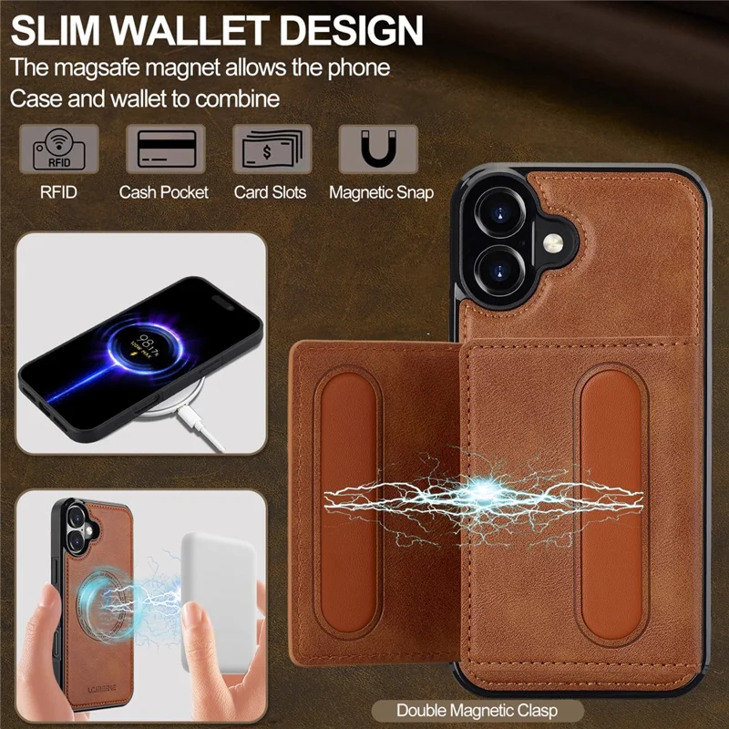 LC.IMEEKE L5 For iPhone 16 Magnetic Phone Case Leather Back Cover with Detachable Card Holder - Brown