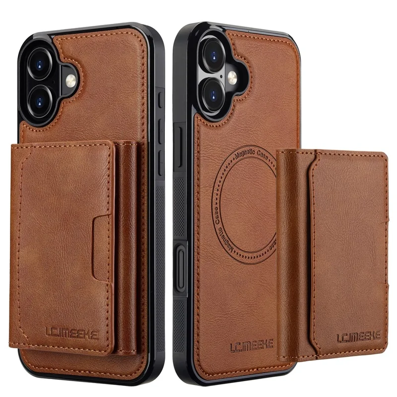 LC.IMEEKE L5 For iPhone 16 Magnetic Phone Case Leather Back Cover with Detachable Card Holder - Brown