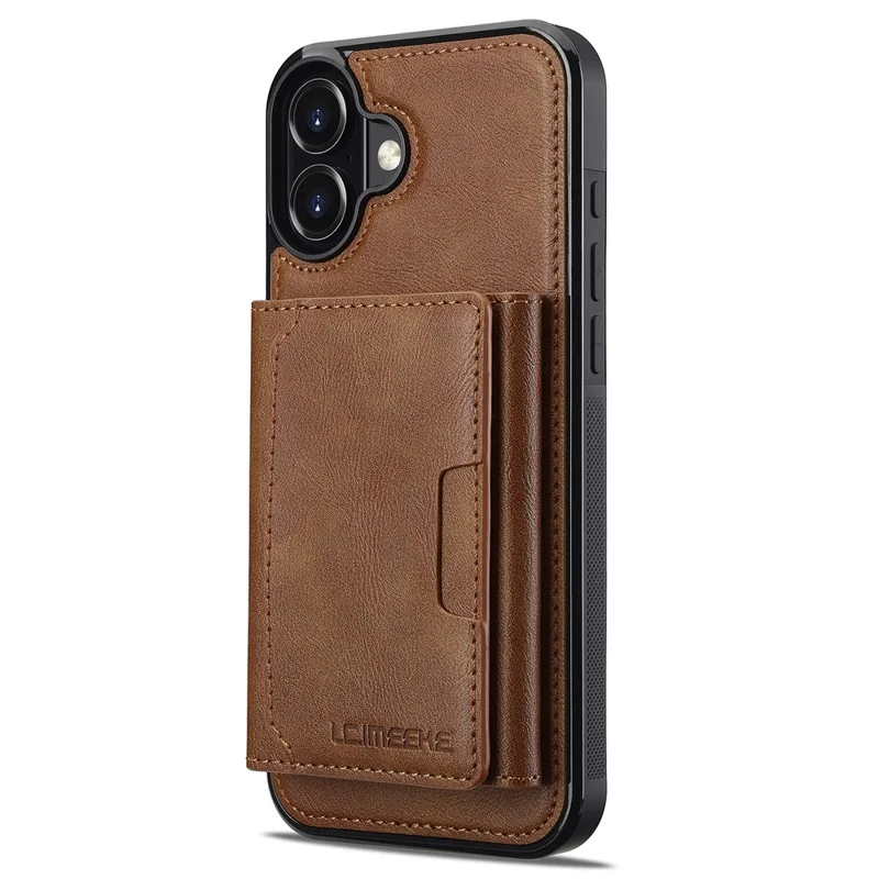 LC.IMEEKE L5 For iPhone 16 Magnetic Phone Case Leather Back Cover with Detachable Card Holder - Brown