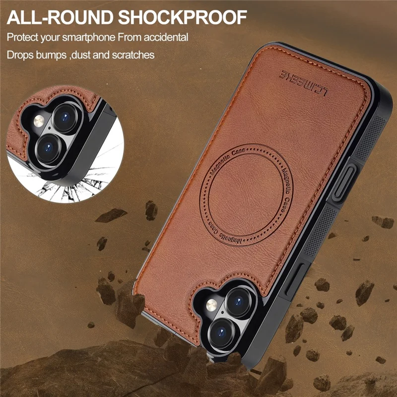 LC.IMEEKE L5 For iPhone 16 Magnetic Phone Case Leather Back Cover with Detachable Card Holder - Brown