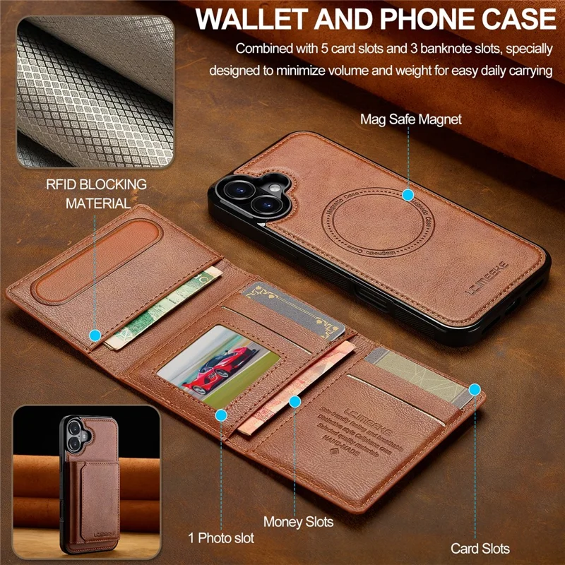 LC.IMEEKE L5 For iPhone 16 Magnetic Phone Case Leather Back Cover with Detachable Card Holder - Brown