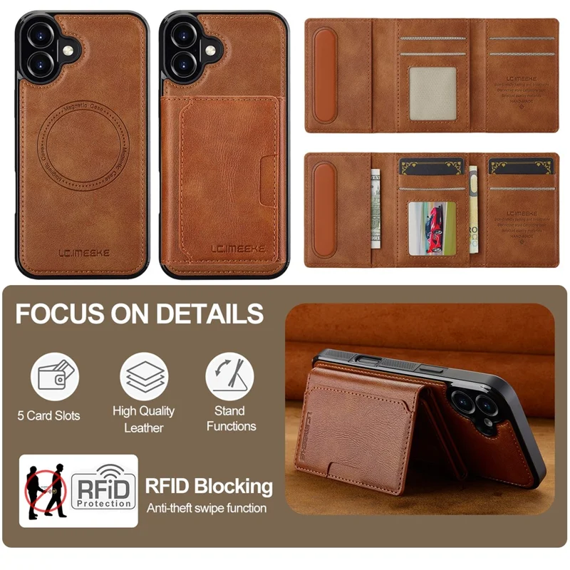 LC.IMEEKE L5 For iPhone 16 Magnetic Phone Case Leather Back Cover with Detachable Card Holder - Brown