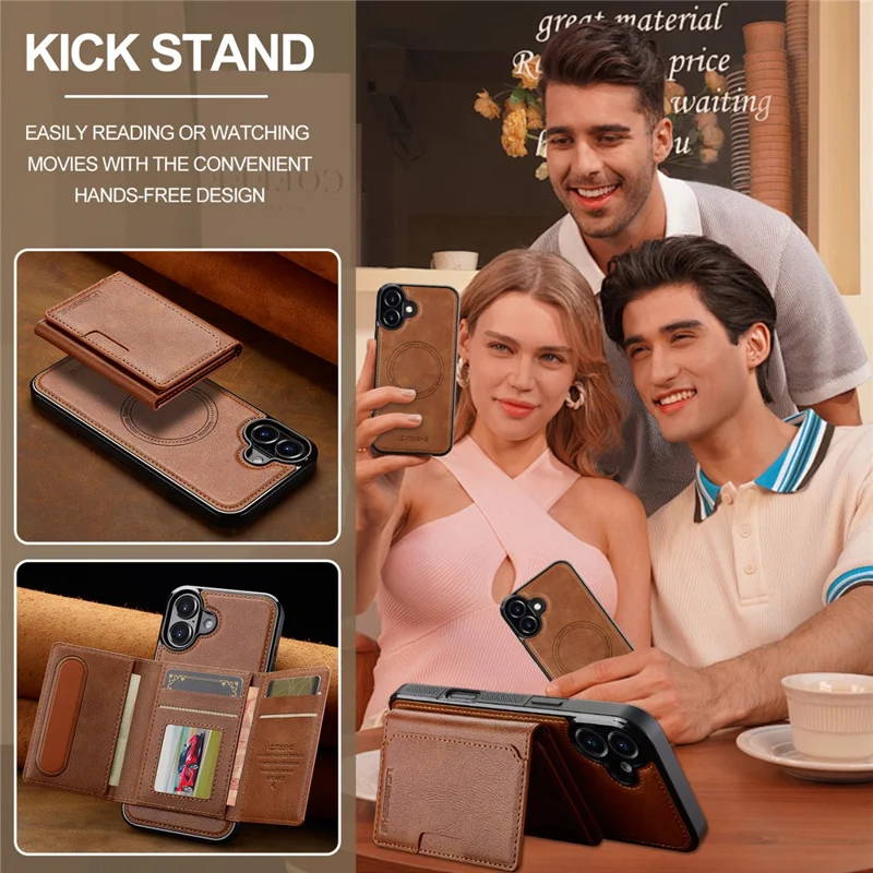 LC.IMEEKE L5 For iPhone 16 Magnetic Phone Case Leather Back Cover with Detachable Card Holder - Brown