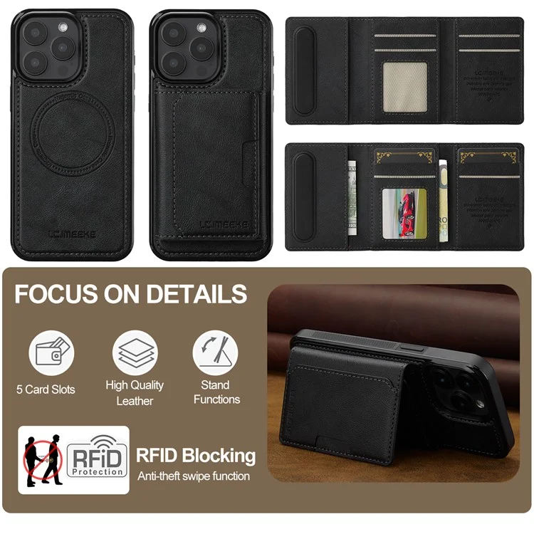LC.IMEEKE L5 For iPhone 15 Pro Magnetic Phone Case Leather Back Cover with Detachable Card Holder - Black