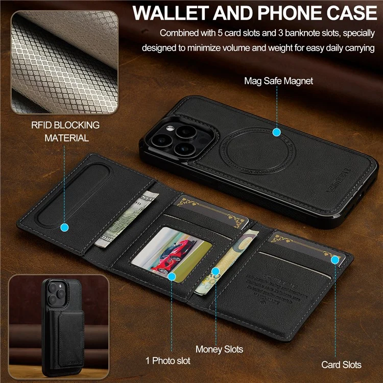 LC.IMEEKE L5 For iPhone 15 Pro Magnetic Phone Case Leather Back Cover with Detachable Card Holder - Black