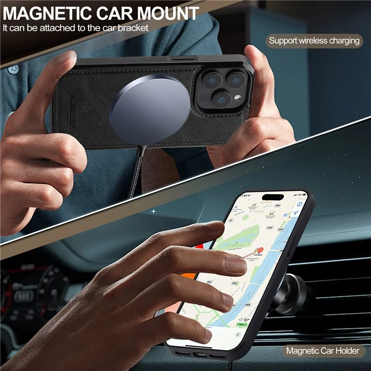 LC.IMEEKE L5 For iPhone 15 Pro Magnetic Phone Case Leather Back Cover with Detachable Card Holder - Black