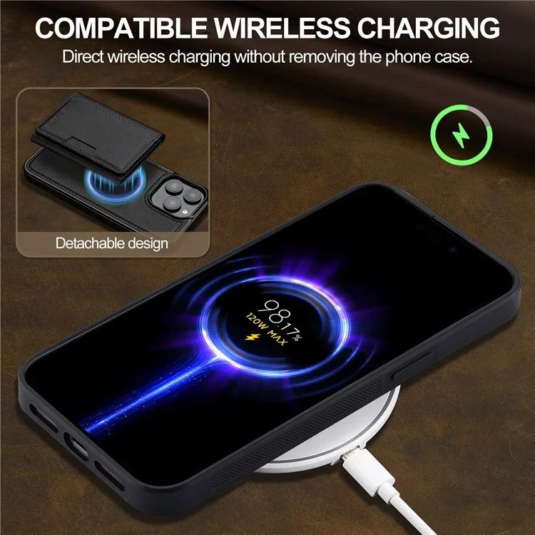LC.IMEEKE L5 For iPhone 15 Pro Magnetic Phone Case Leather Back Cover with Detachable Card Holder - Black