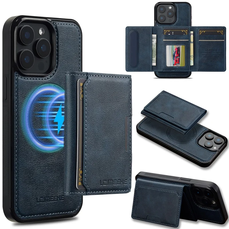 LC.IMEEKE L5 For iPhone 15 Pro Magnetic Phone Case Leather Back Cover with Detachable Card Holder - Blue