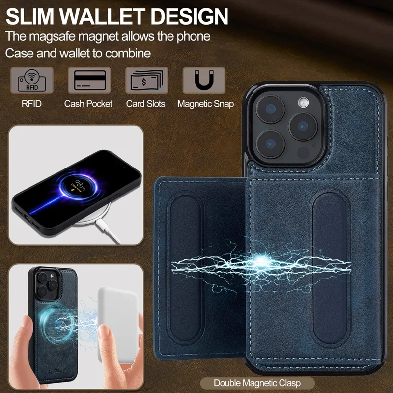LC.IMEEKE L5 For iPhone 15 Pro Magnetic Phone Case Leather Back Cover with Detachable Card Holder - Blue