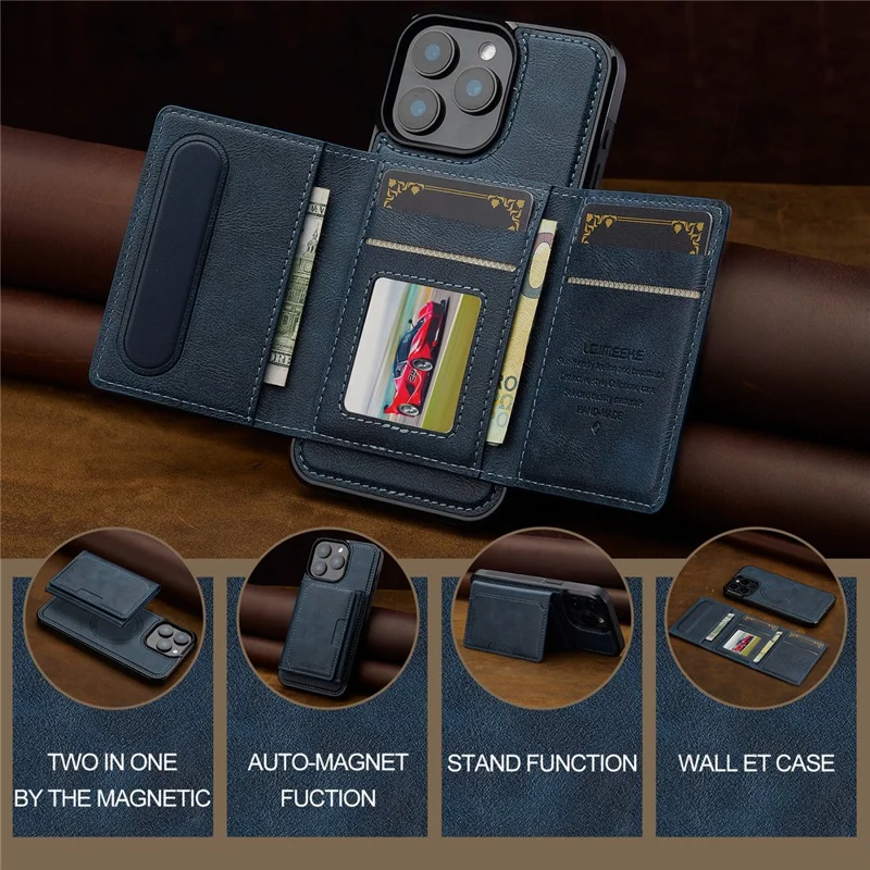 LC.IMEEKE L5 For iPhone 15 Pro Magnetic Phone Case Leather Back Cover with Detachable Card Holder - Blue