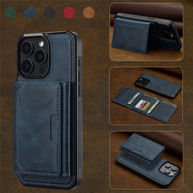 LC.IMEEKE L5 For iPhone 15 Pro Magnetic Phone Case Leather Back Cover with Detachable Card Holder - Blue
