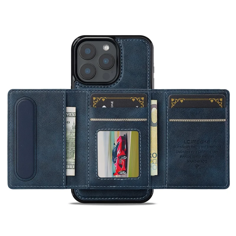 LC.IMEEKE L5 For iPhone 15 Pro Magnetic Phone Case Leather Back Cover with Detachable Card Holder - Blue