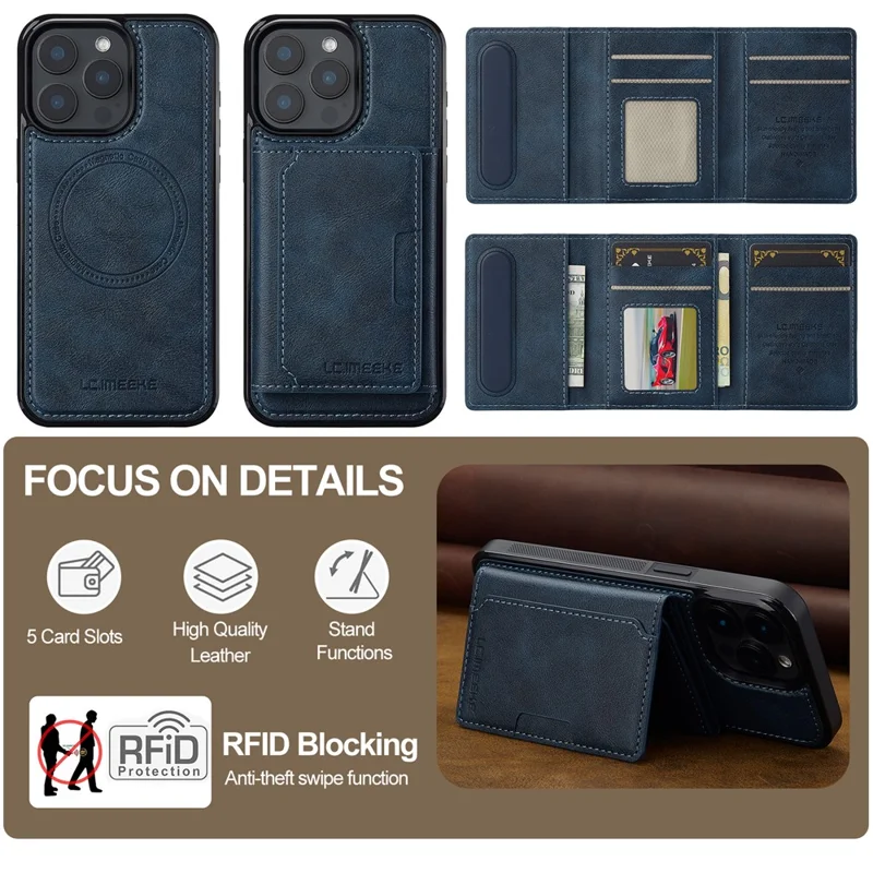 LC.IMEEKE L5 For iPhone 15 Pro Magnetic Phone Case Leather Back Cover with Detachable Card Holder - Blue