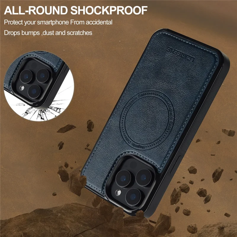 LC.IMEEKE L5 For iPhone 15 Pro Magnetic Phone Case Leather Back Cover with Detachable Card Holder - Blue