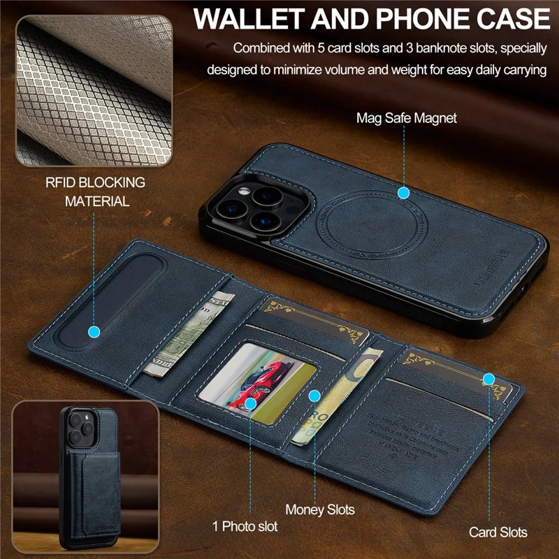 LC.IMEEKE L5 For iPhone 15 Pro Magnetic Phone Case Leather Back Cover with Detachable Card Holder - Blue
