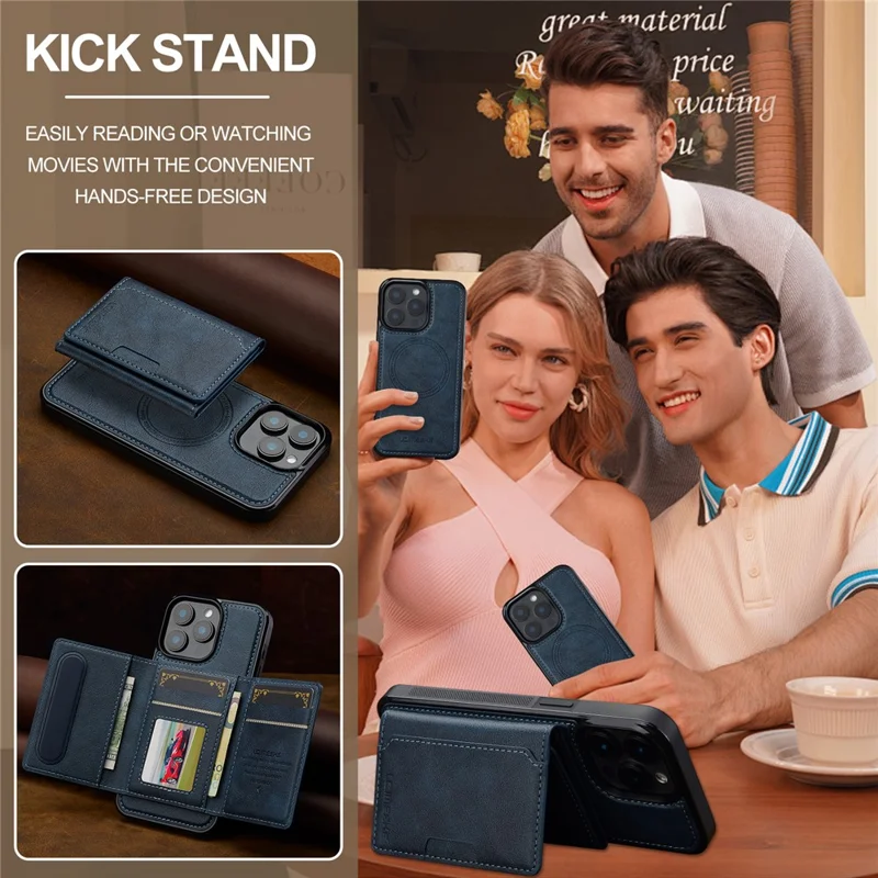 LC.IMEEKE L5 For iPhone 15 Pro Magnetic Phone Case Leather Back Cover with Detachable Card Holder - Blue