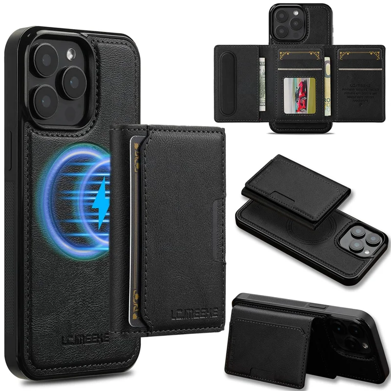 LC.IMEEKE L5 For iPhone 15 Pro Max Magnetic Phone Case Leather Back Cover with Detachable Card Holder - Black