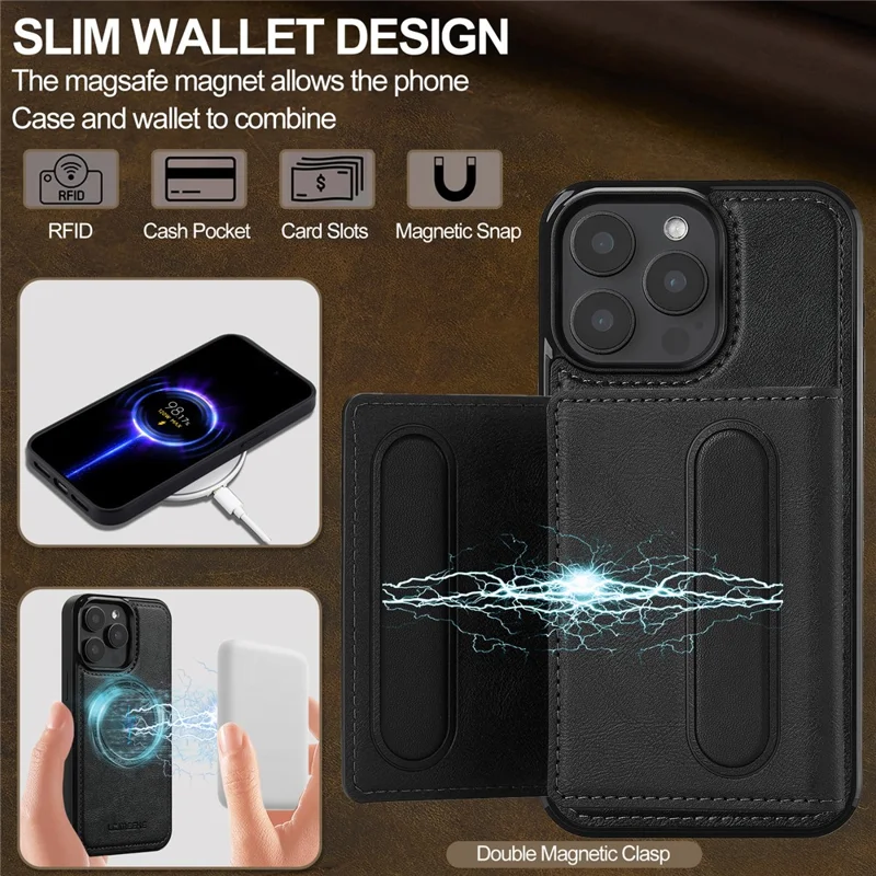 LC.IMEEKE L5 For iPhone 15 Pro Max Magnetic Phone Case Leather Back Cover with Detachable Card Holder - Black