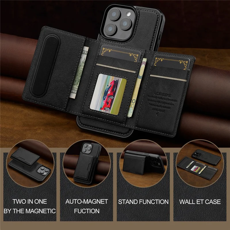 LC.IMEEKE L5 For iPhone 15 Pro Max Magnetic Phone Case Leather Back Cover with Detachable Card Holder - Black