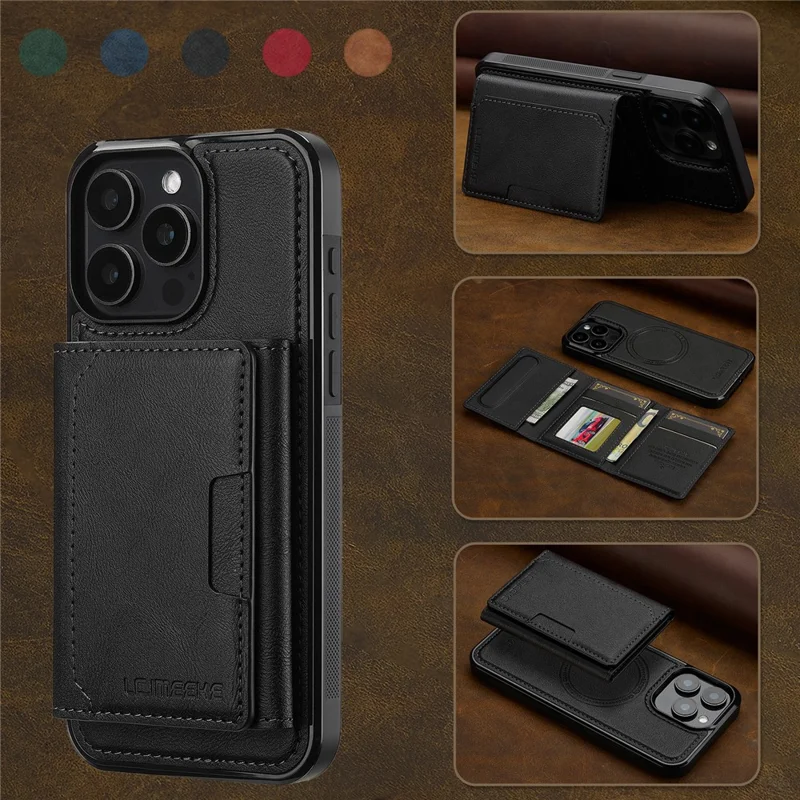 LC.IMEEKE L5 For iPhone 15 Pro Max Magnetic Phone Case Leather Back Cover with Detachable Card Holder - Black