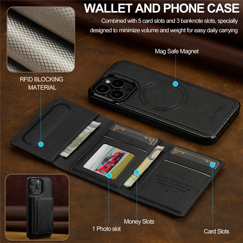 LC.IMEEKE L5 For iPhone 15 Pro Max Magnetic Phone Case Leather Back Cover with Detachable Card Holder - Black