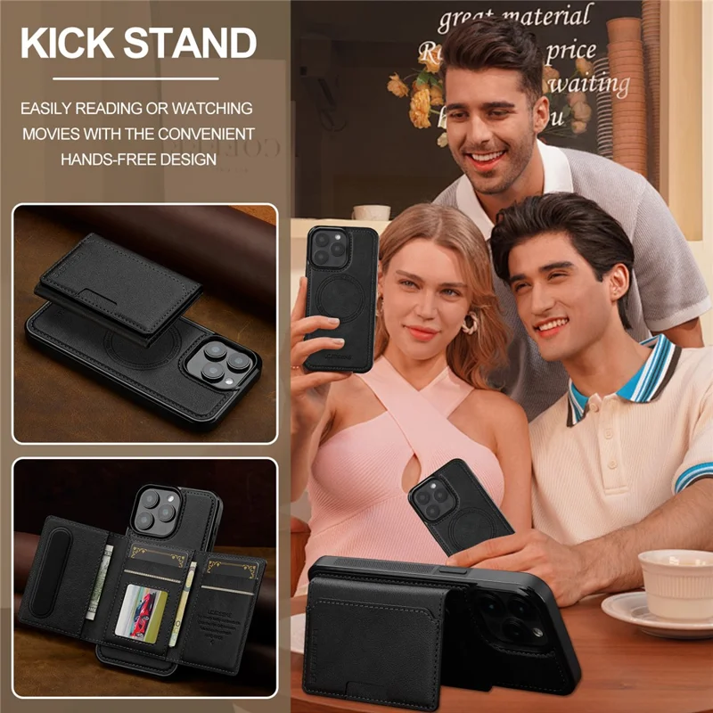 LC.IMEEKE L5 For iPhone 15 Pro Max Magnetic Phone Case Leather Back Cover with Detachable Card Holder - Black