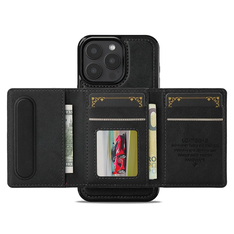 LC.IMEEKE L5 For iPhone 14 Pro Magnetic Phone Case Leather Back Cover with Detachable Card Holder - Black