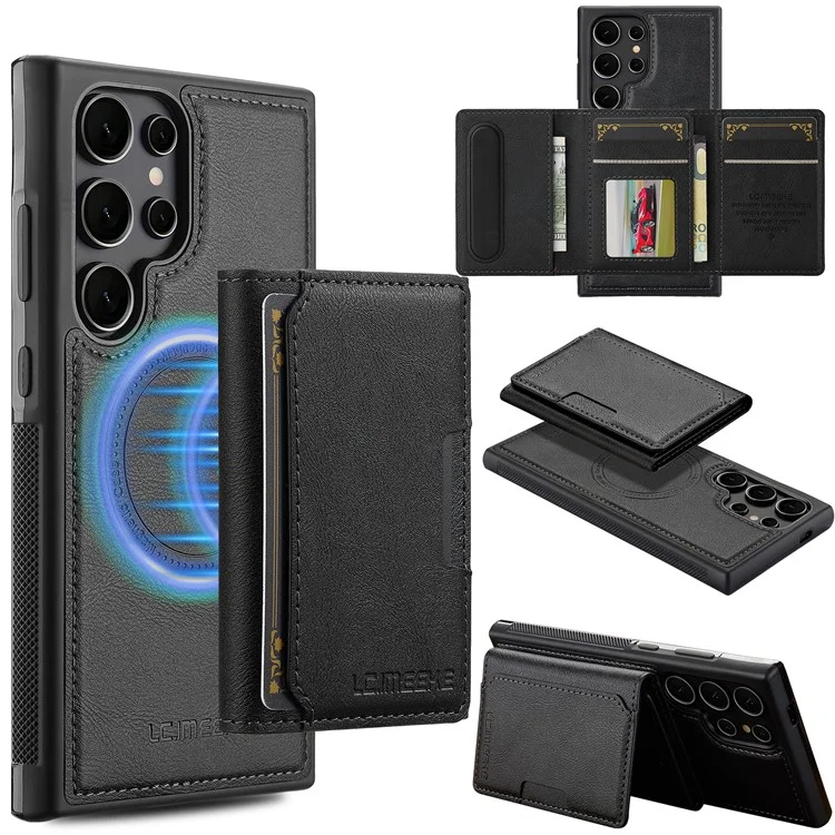 LC.IMEEKE L5 For Samsung Galaxy S22 Ultra 5G Magnetic Phone Case Leather Back Cover with Detachable Card Holder - Black