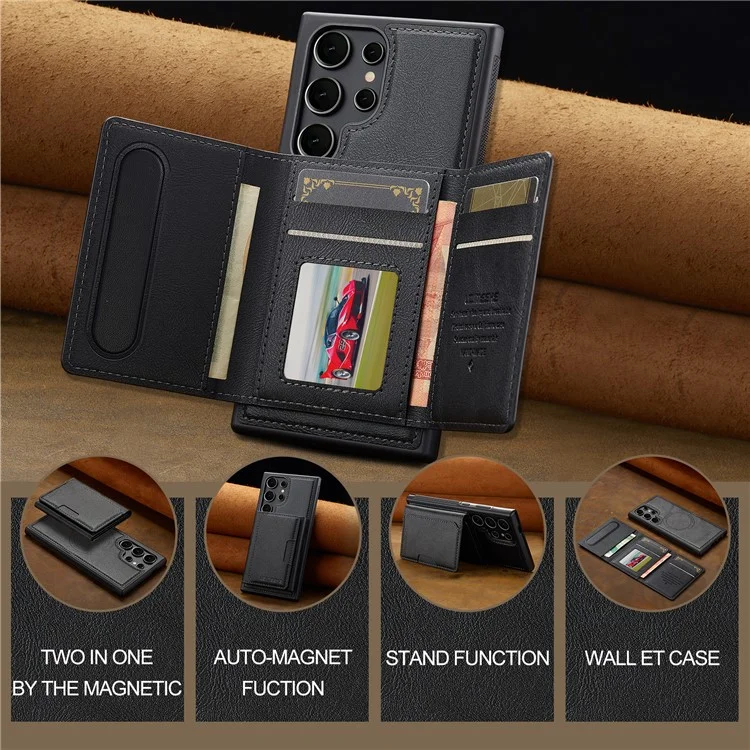LC.IMEEKE L5 For Samsung Galaxy S22 Ultra 5G Magnetic Phone Case Leather Back Cover with Detachable Card Holder - Black