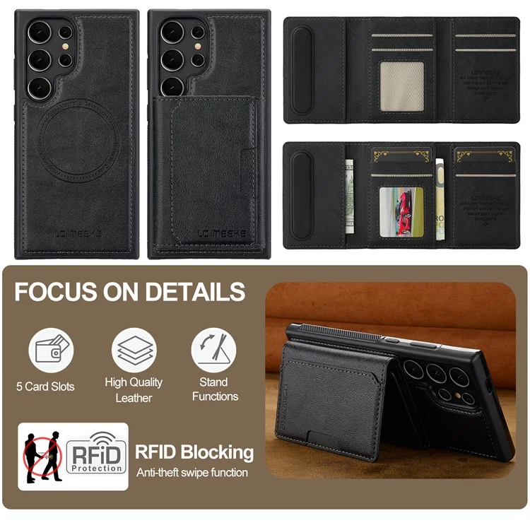 LC.IMEEKE L5 For Samsung Galaxy S22 Ultra 5G Magnetic Phone Case Leather Back Cover with Detachable Card Holder - Black
