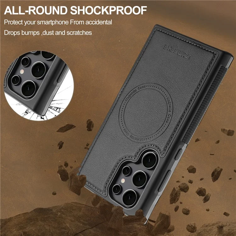LC.IMEEKE L5 For Samsung Galaxy S22 Ultra 5G Magnetic Phone Case Leather Back Cover with Detachable Card Holder - Black