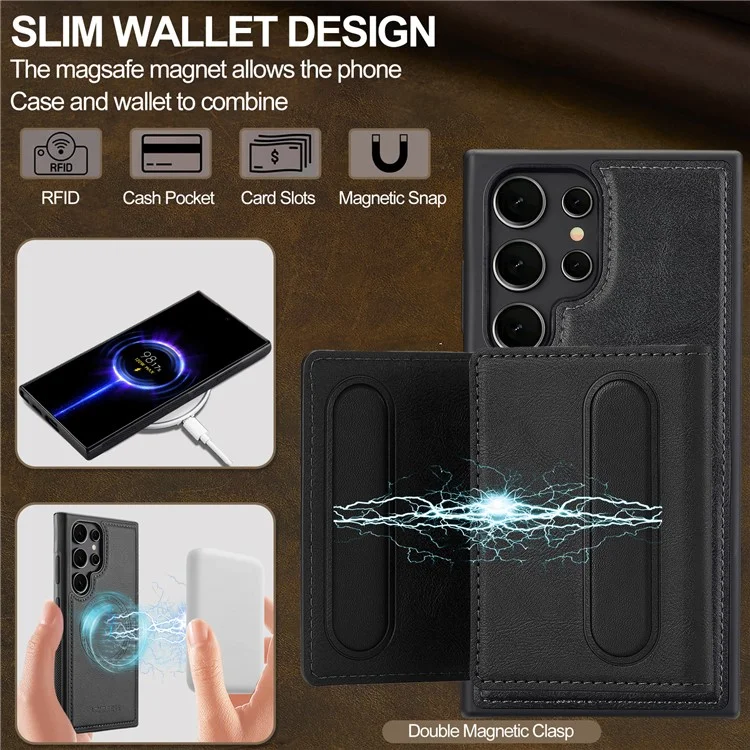 LC.IMEEKE L5 For Samsung Galaxy S22 Ultra 5G Magnetic Phone Case Leather Back Cover with Detachable Card Holder - Black