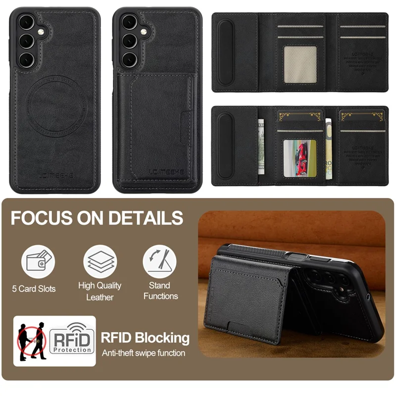 LC.IMEEKE L5 For Samsung Galaxy A55 5G Magnetic Phone Case Leather Back Cover with Detachable Card Holder - Black