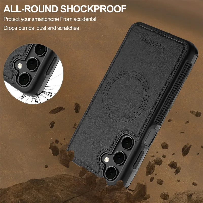 LC.IMEEKE L5 For Samsung Galaxy A55 5G Magnetic Phone Case Leather Back Cover with Detachable Card Holder - Black