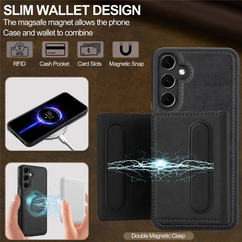 LC.IMEEKE L5 For Samsung Galaxy A55 5G Magnetic Phone Case Leather Back Cover with Detachable Card Holder - Black