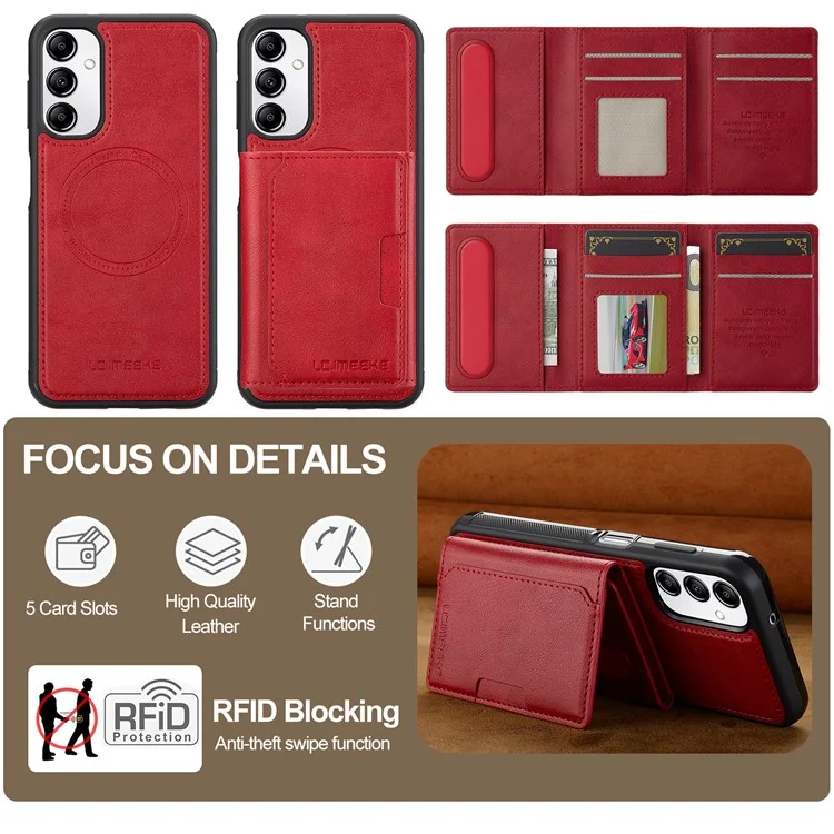 LC.IMEEKE L5 For Samsung Galaxy A34 5G Magnetic Phone Case Leather Back Cover with Detachable Card Holder - Red