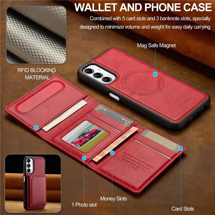 LC.IMEEKE L5 For Samsung Galaxy A34 5G Magnetic Phone Case Leather Back Cover with Detachable Card Holder - Red
