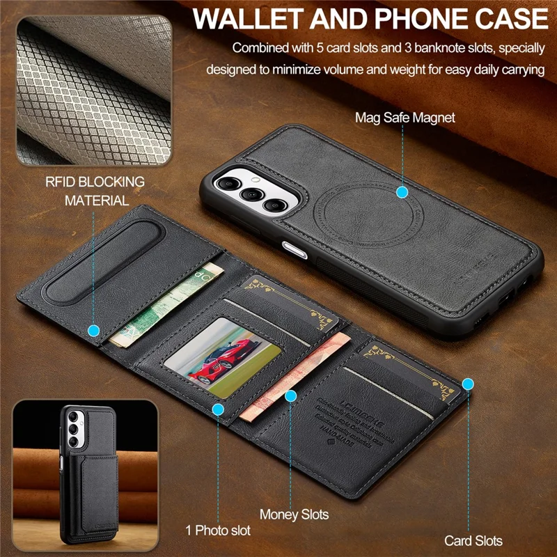 LC.IMEEKE L5 For Samsung Galaxy A54 5G Magnetic Phone Case Leather Back Cover with Detachable Card Holder - Black