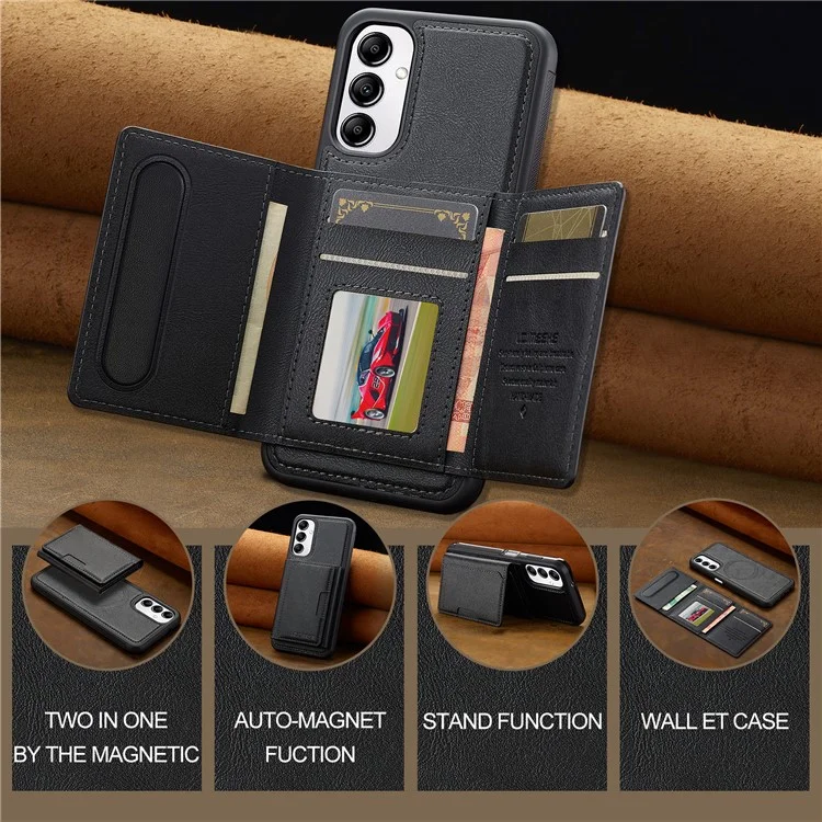 LC.IMEEKE L5 For Samsung Galaxy A14 4G / 5G Magnetic Phone Case Leather Back Cover with Detachable Card Holder - Black