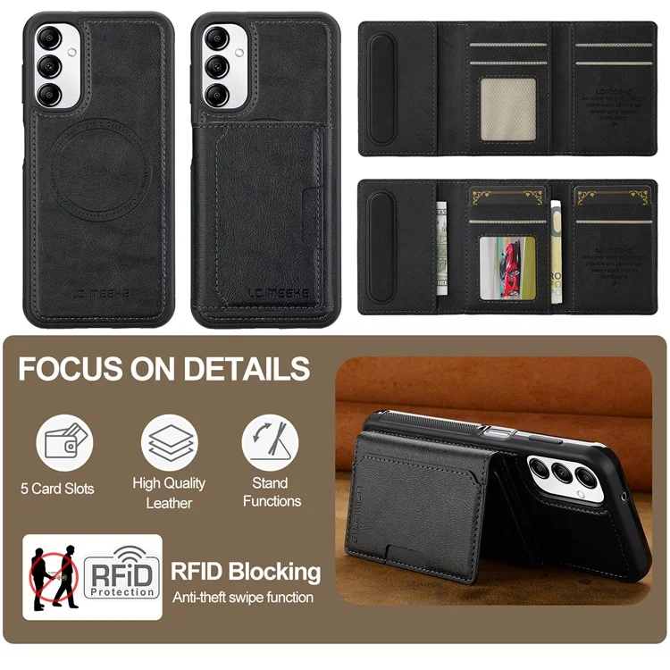 LC.IMEEKE L5 For Samsung Galaxy A14 4G / 5G Magnetic Phone Case Leather Back Cover with Detachable Card Holder - Black