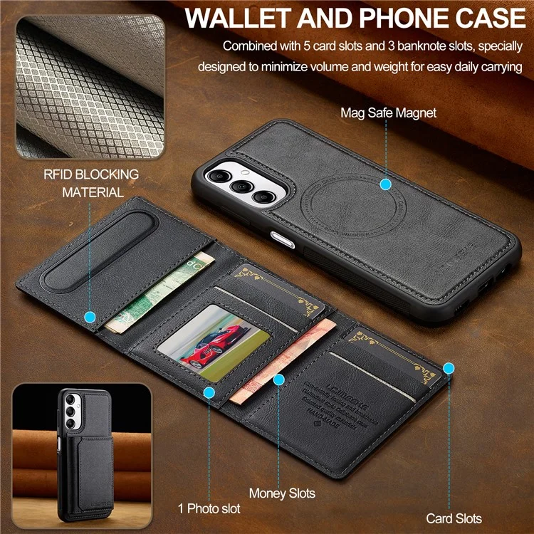 LC.IMEEKE L5 For Samsung Galaxy A14 4G / 5G Magnetic Phone Case Leather Back Cover with Detachable Card Holder - Black