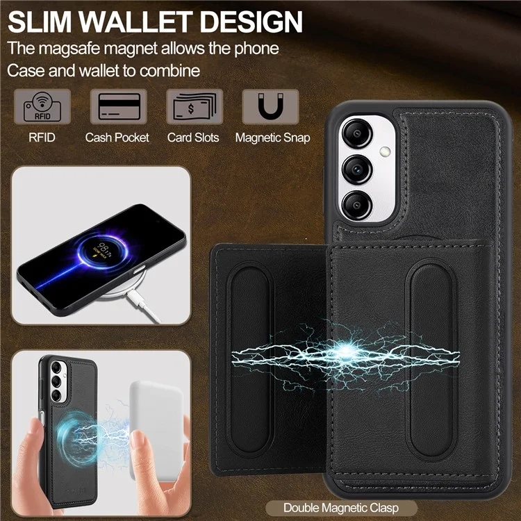 LC.IMEEKE L5 For Samsung Galaxy A14 4G / 5G Magnetic Phone Case Leather Back Cover with Detachable Card Holder - Black