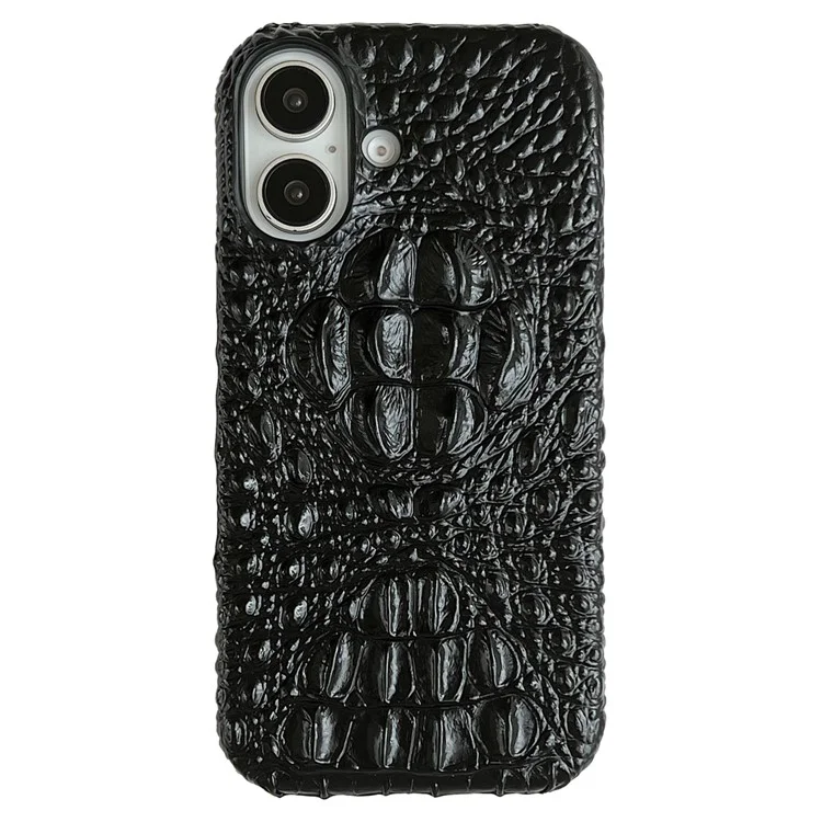 Funda para iPhone 16 con cabeza de cocodrilo, revestimiento de cuero auténtico de vaca y PC - Negro