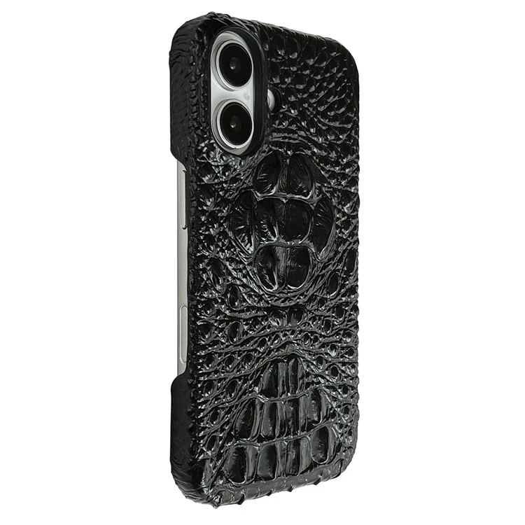 Funda para iPhone 16 con cabeza de cocodrilo, revestimiento de cuero auténtico de vaca y PC - Negro