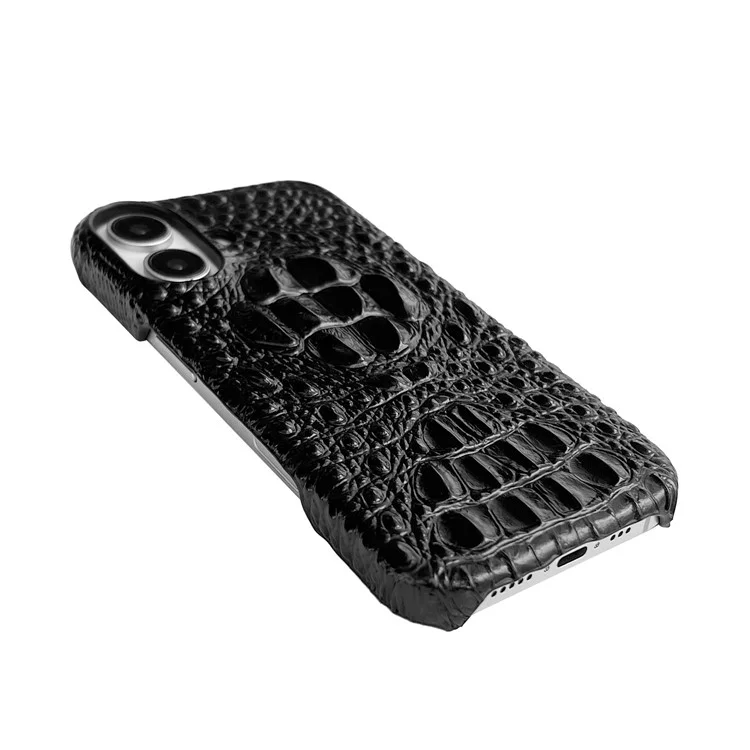 Funda para iPhone 16 con cabeza de cocodrilo, revestimiento de cuero auténtico de vaca y PC - Negro