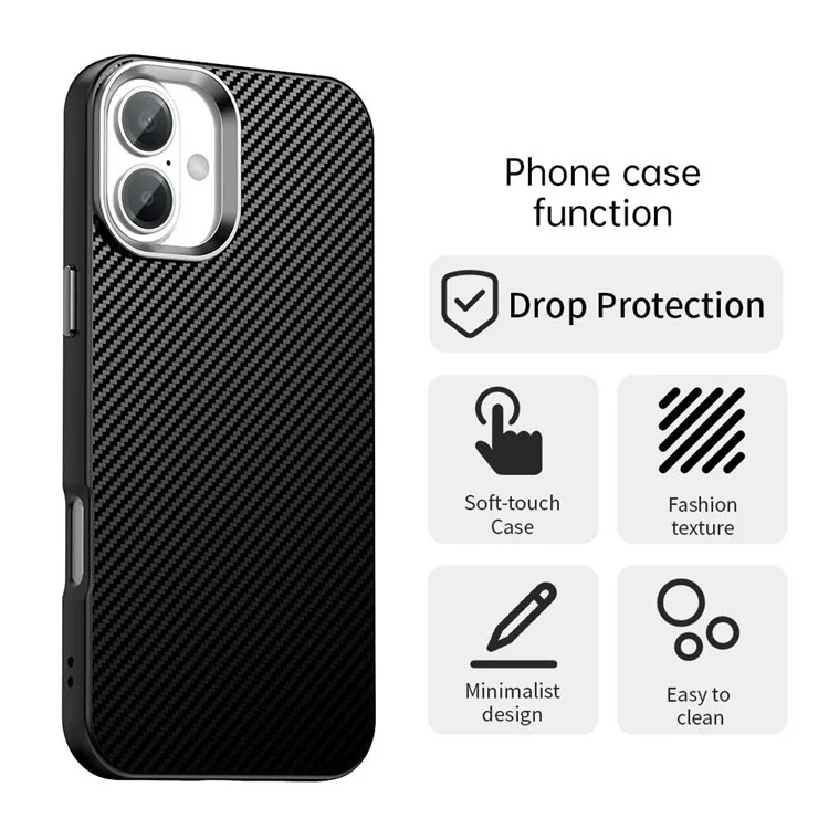 Custodia per iPhone 16 Hybrid Back Cover Texture in fibra di carbonio - Nero
