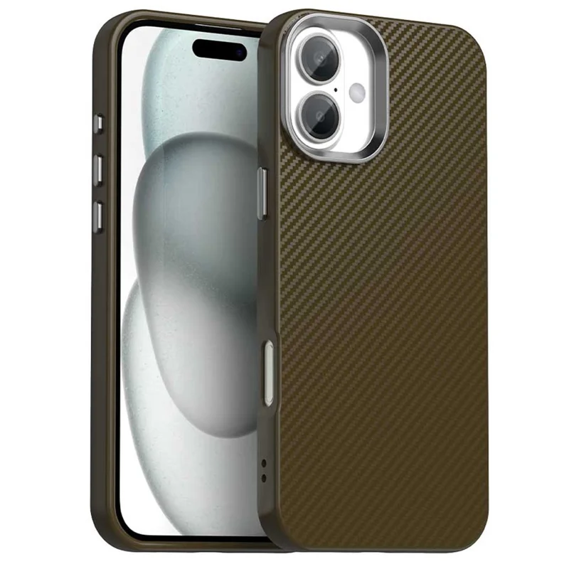 For iPhone 16 Plus Case Cell Phone Hybrid Back Cover Carbon Fiber Texture - Brown