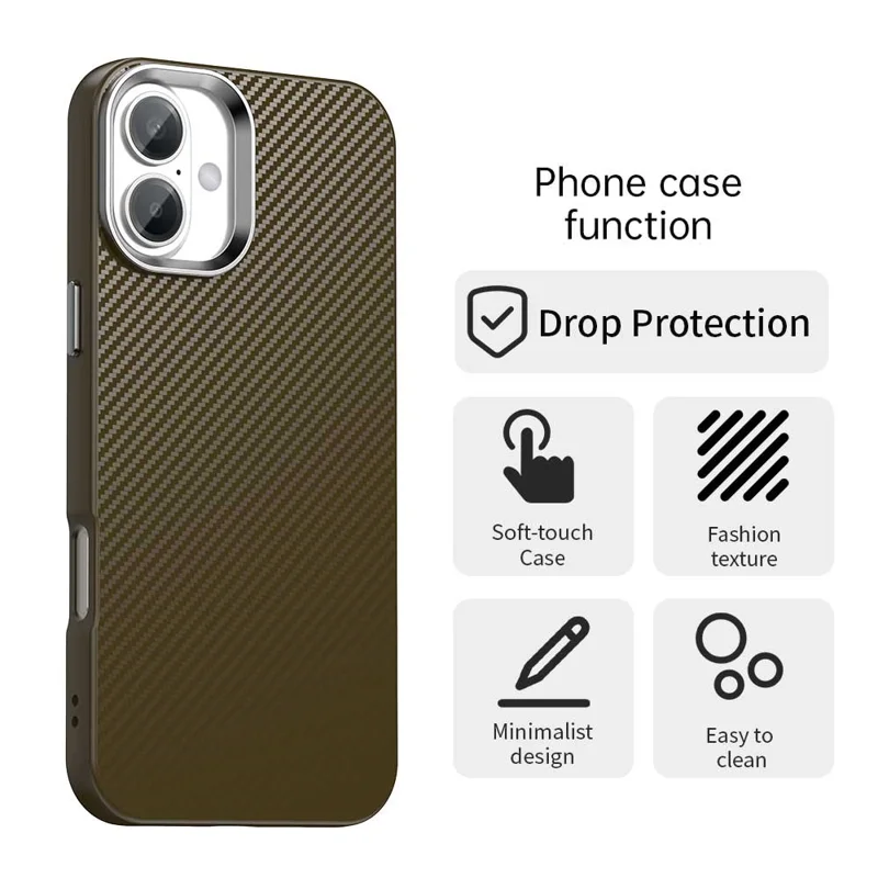 For iPhone 16 Plus Case Cell Phone Hybrid Back Cover Carbon Fiber Texture - Brown